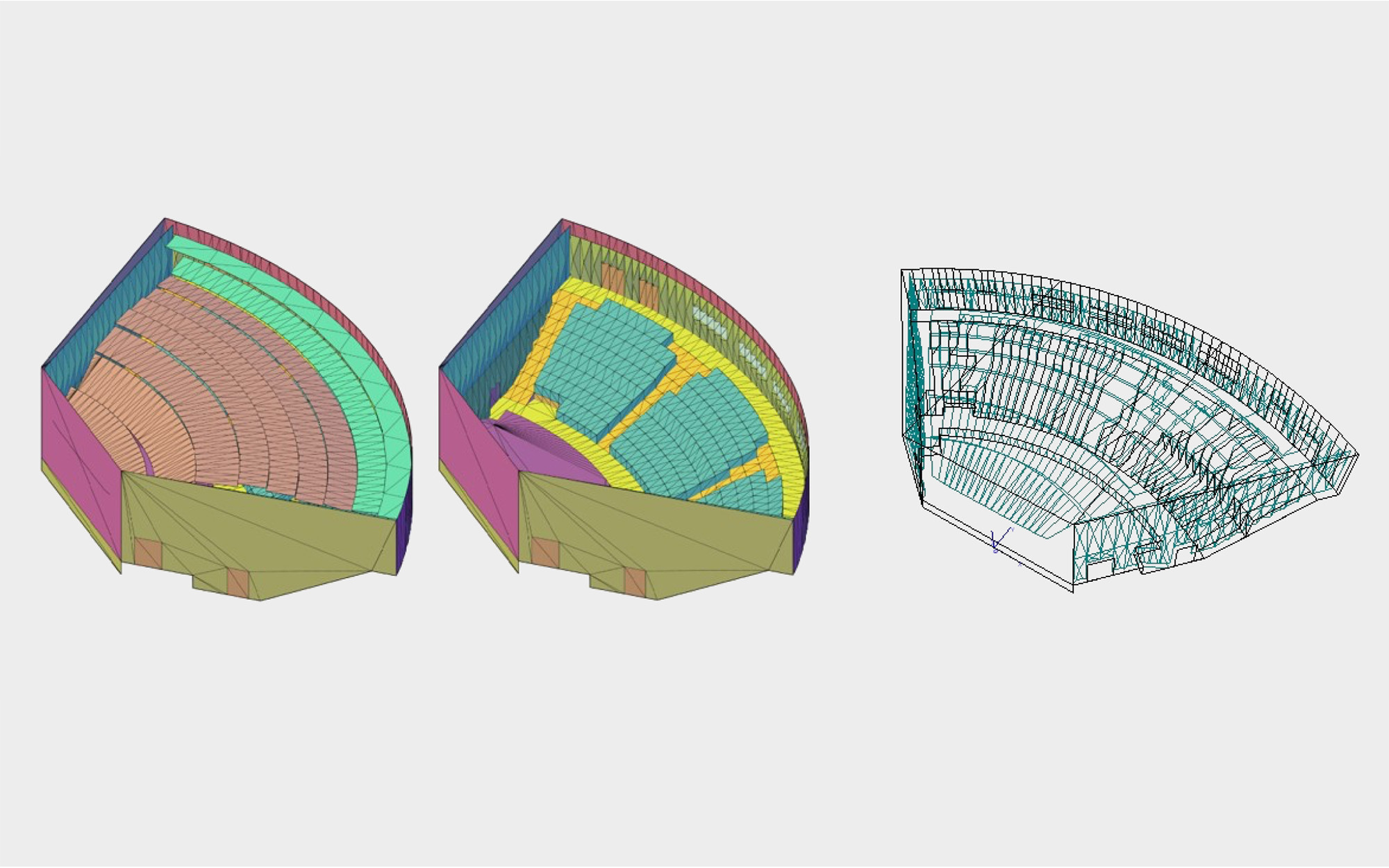 Three-dimensional model of the environment: CAD model on the left, geometric model within Odeon acoustic simulation software on the right.