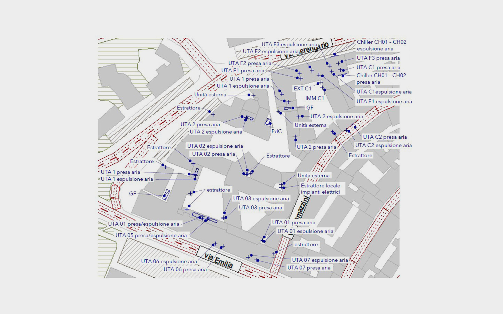 Extract from the acoustic model of the study area. Post-development scenario showing the proposed building services systems.