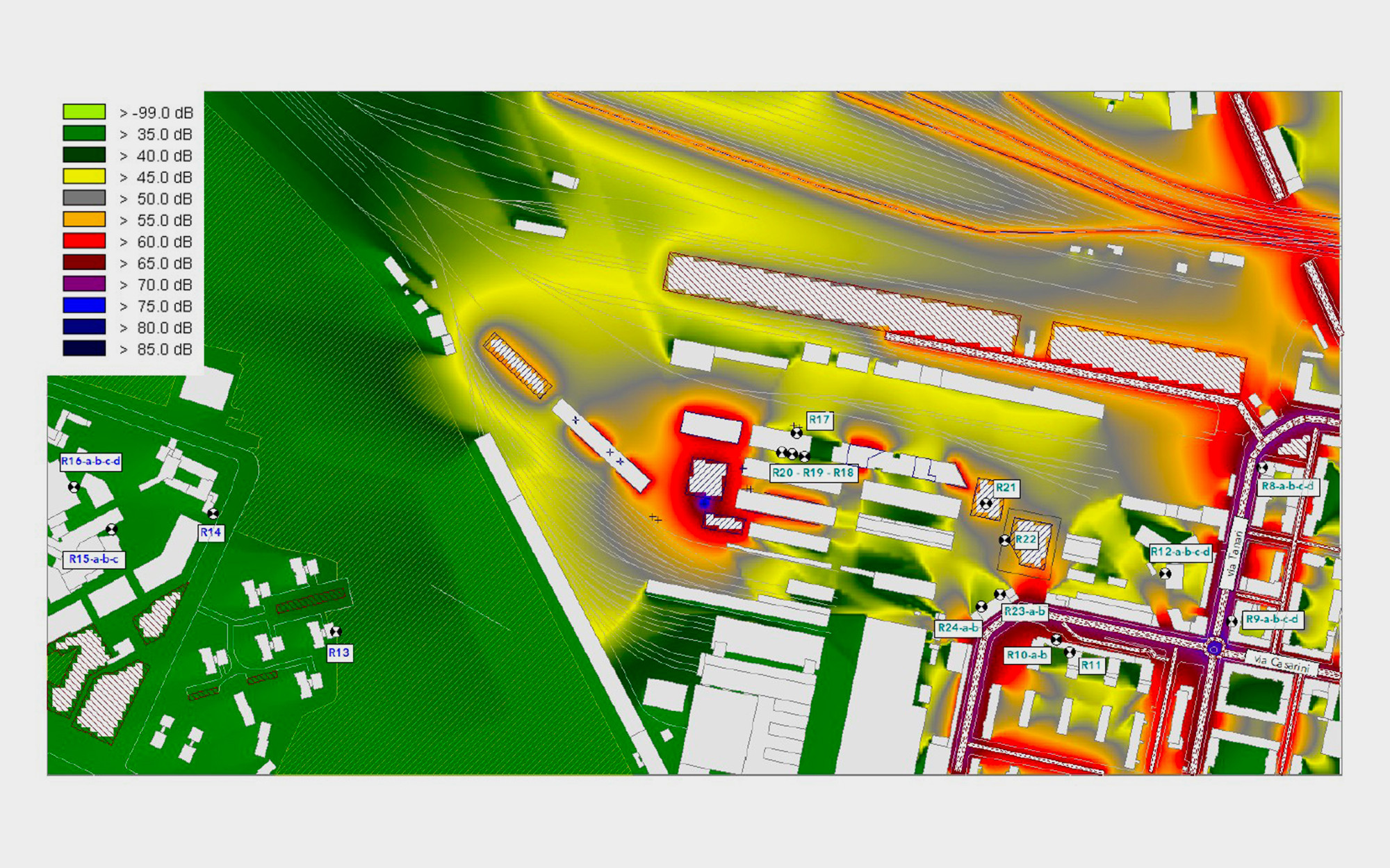Mappa acustica del periodo diurno. Griglia h=4 m. Condizione post operam con impianti tecnologici, gli eventi musicali interni agli edifici (finestre chiuse), il rumore antropico esterno in condizioni ordinarie e un'attività musicale esterna.